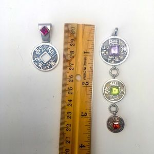 2 Bali Sterling lucky coin pendants w/gemstones
